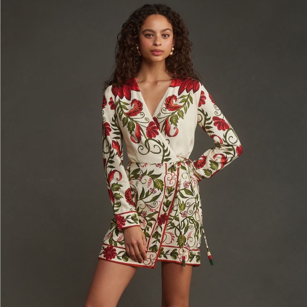 NWT Farm Rio Long-Sleeve Printed Wrap Mini Dress Ted Motif Size M - Picture 1 of 6